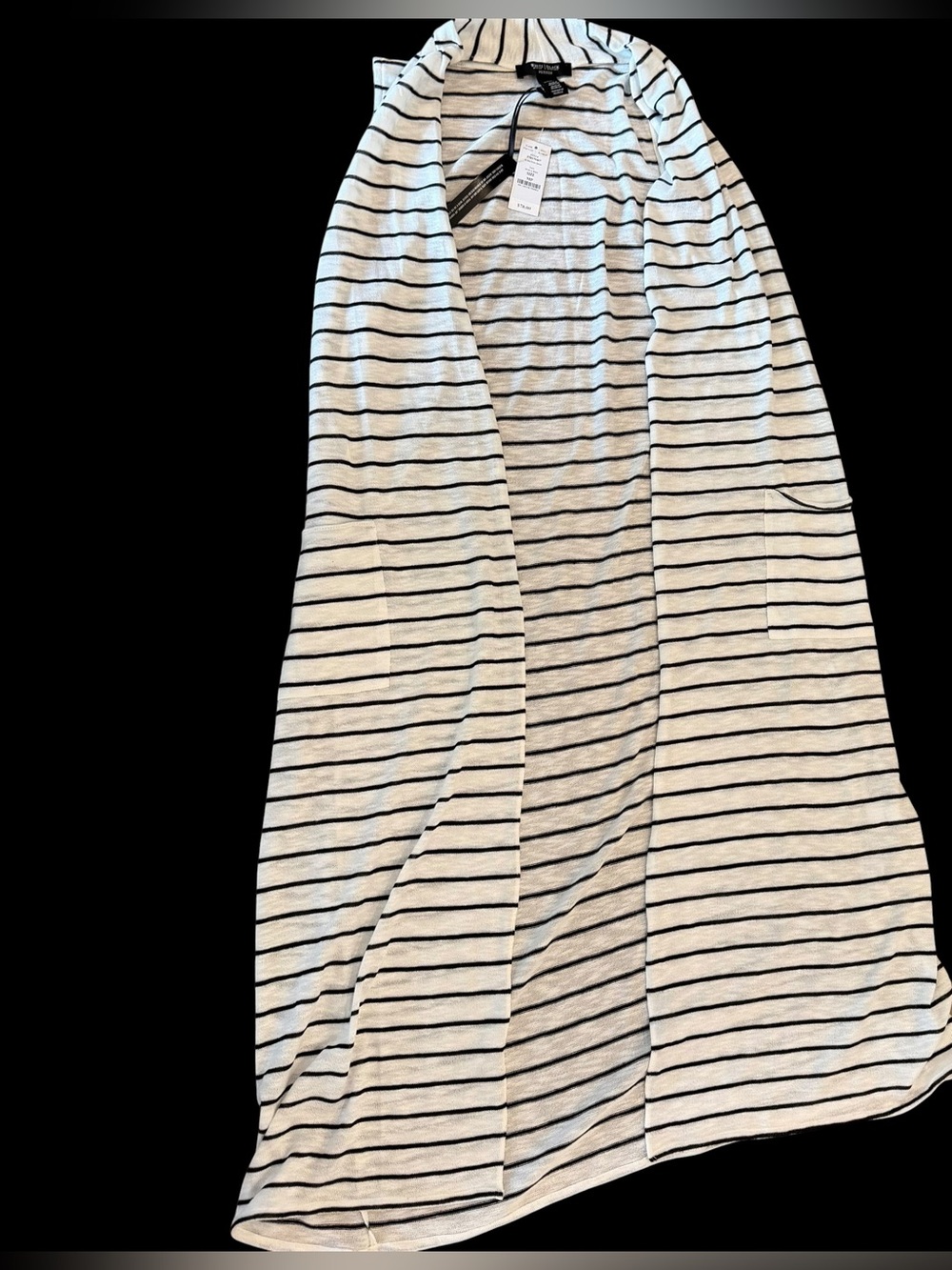 White House Black Market WHBM White Black Striped Long Cardigan NWT Medium P $78 - Picture 1 of 6